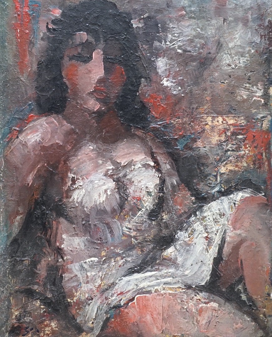 Modern British, oil on canvas, Study of a seated woman, indistinctly signed, 50 x 40cm